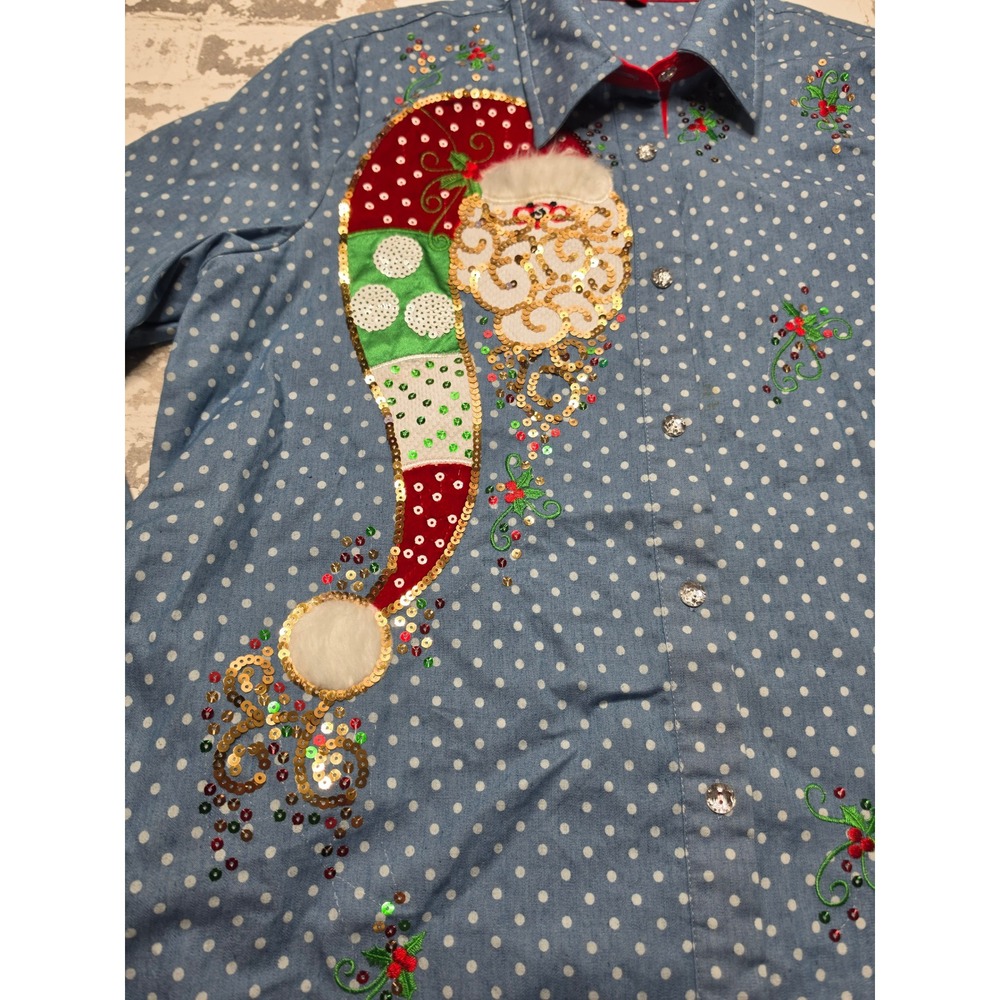 Jack B. Quick Holiday Santa Sequin Polka Dot Button Down Shirt Blue Women Large - Picture 5 of 11